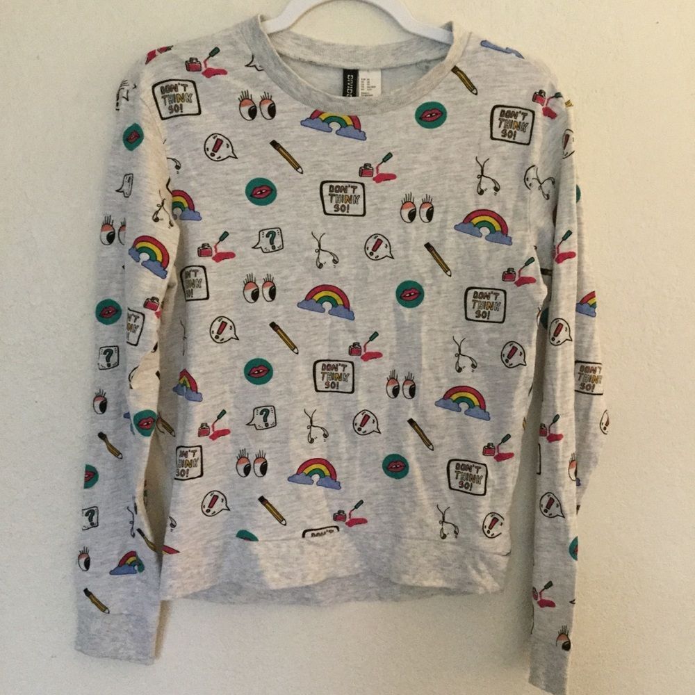 Divided H&M Gray Graphic Print Long Sleeve Crew Neck Sweater Size XS